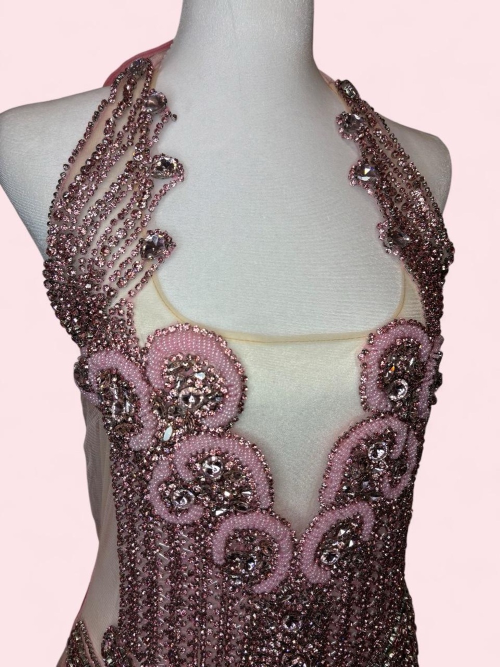 Bodycon Bedazzled Gem Sheer Pink Dress with Velvet Back - Picture 2 of 9